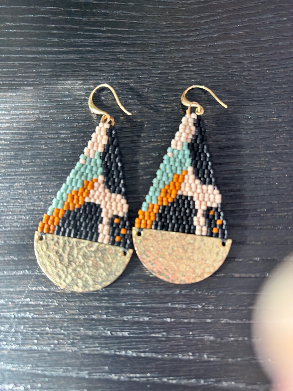 Handmade Beaded Teardrop Earrings with Mint, Black and Orange Accents